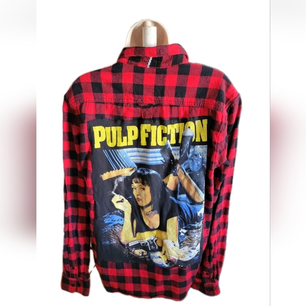 Denim & Flower Flannel Upcyled Pulp Fiction Patch Work Shirt Adult M Red